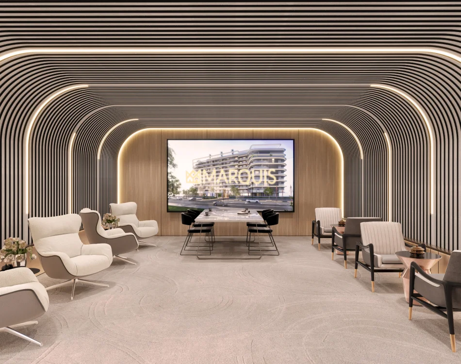 Sophisticated meeting and lounge area with futuristic curved lighting and premium seating at Marquis Insignia, Dubai.