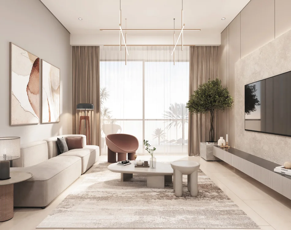 Luxurious modern living room with floor-to-ceiling windows, minimalist furniture, and neutral tones at Marquis Insignia, Dubai.