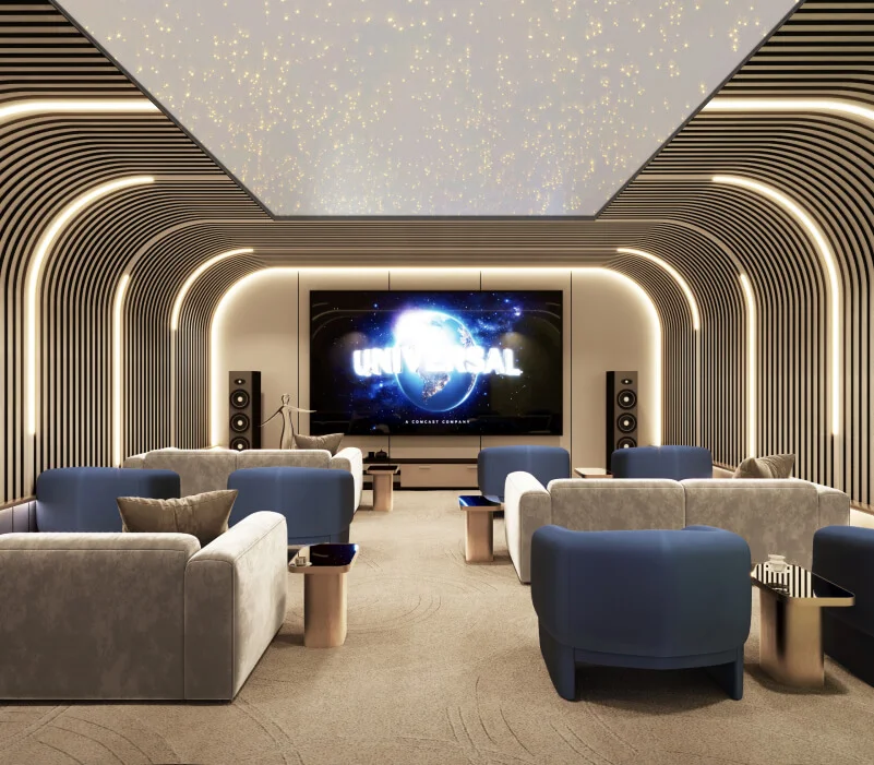 Luxury private cinema with plush seating, ambient lighting, and a large screen at Marquis Insignia, Dubai.