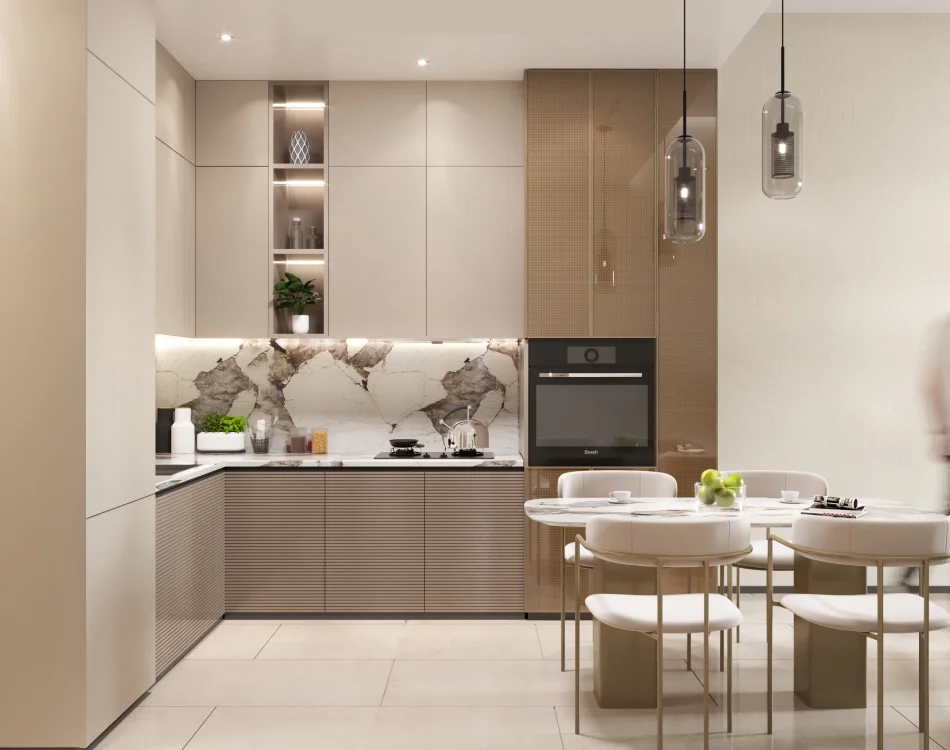 Elegant contemporary kitchen with built-in appliances, marble backsplash, and dining area in Marquis Insignia, Dubai.