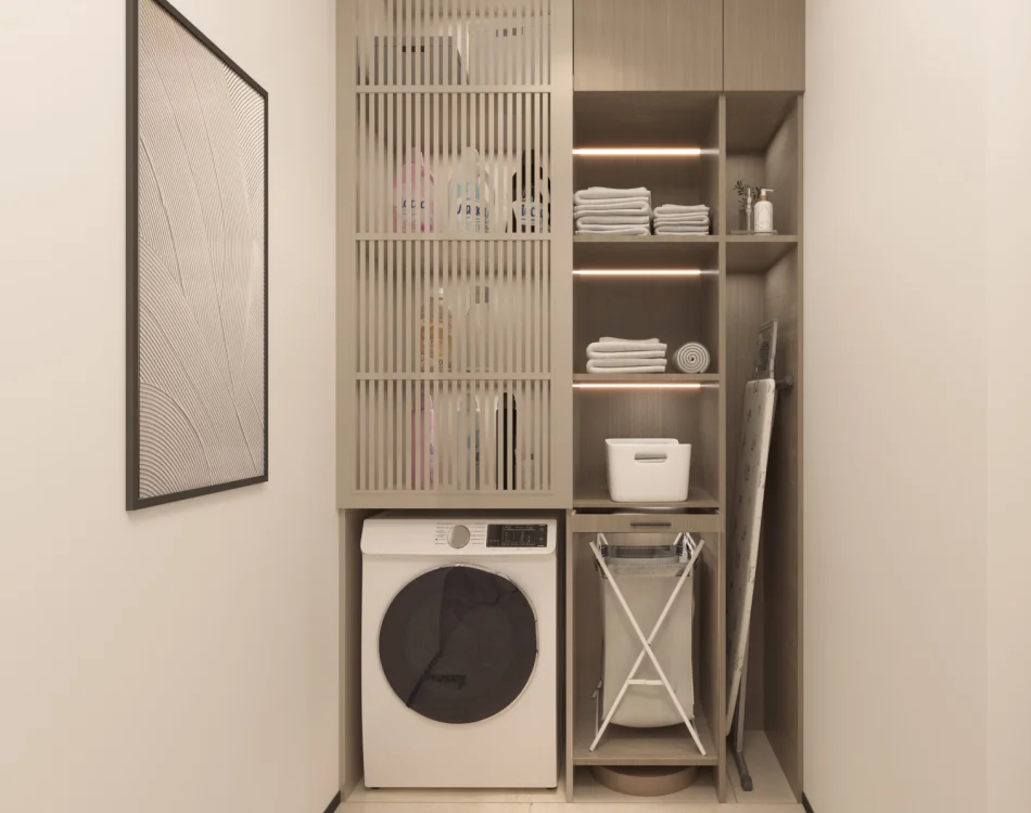 Organized laundry room with built-in storage, washing machine, and minimalist design at Marquis Insignia, Dubai.