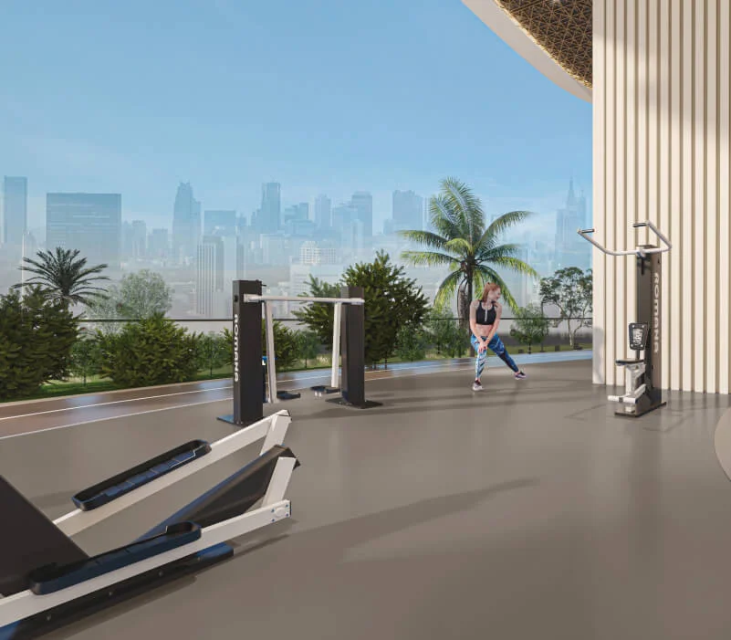 Open-air fitness center with state-of-the-art gym equipment and stunning city skyline views at Marquis Insignia, Dubai.